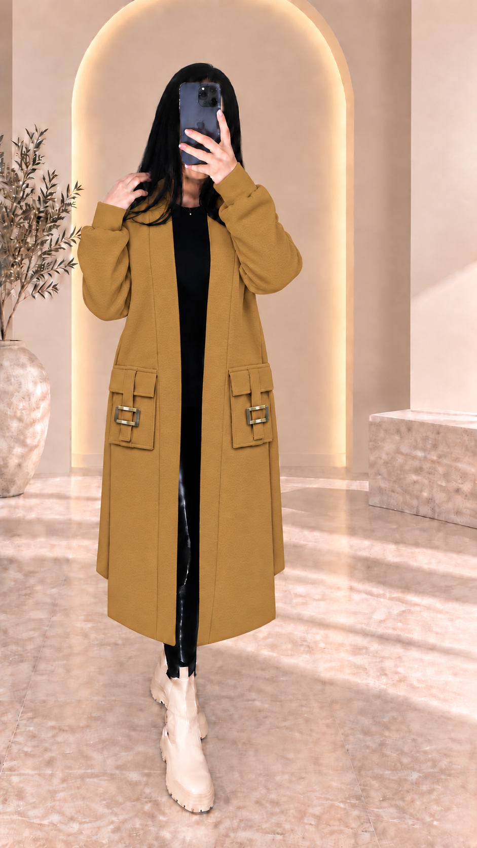 Manteau Long Élégant à Poches Bouclées – مونطو نسائي طويل بجيوب مزينة