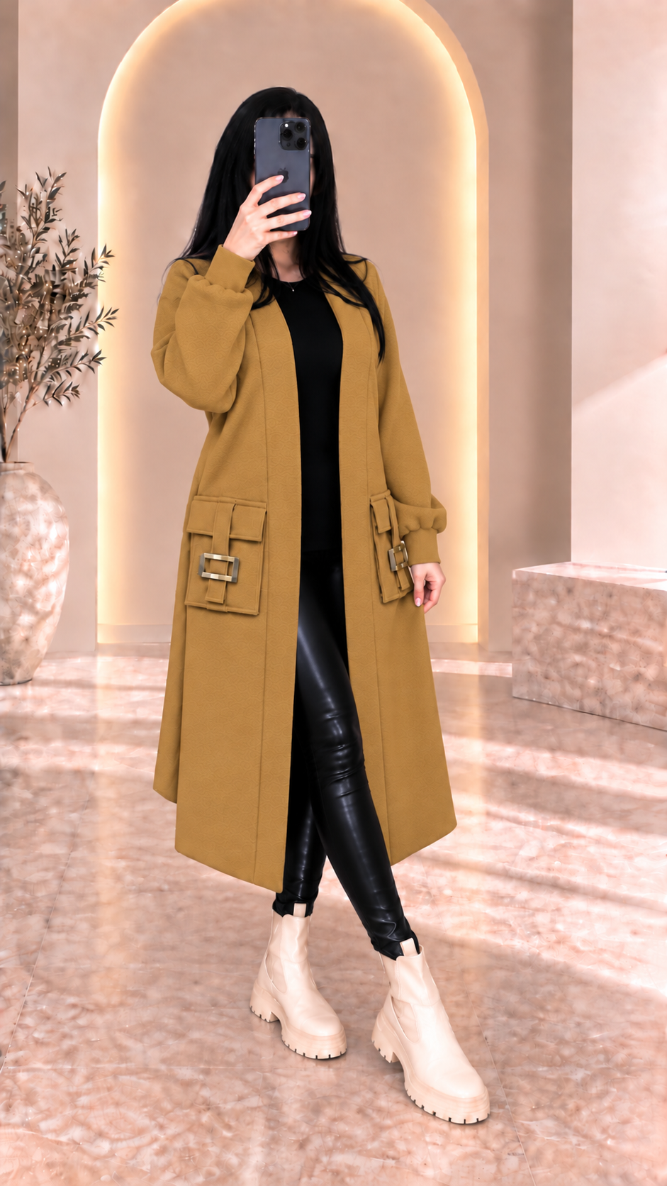 Manteau Long Élégant à Poches Bouclées – مونطو نسائي طويل بجيوب مزينة