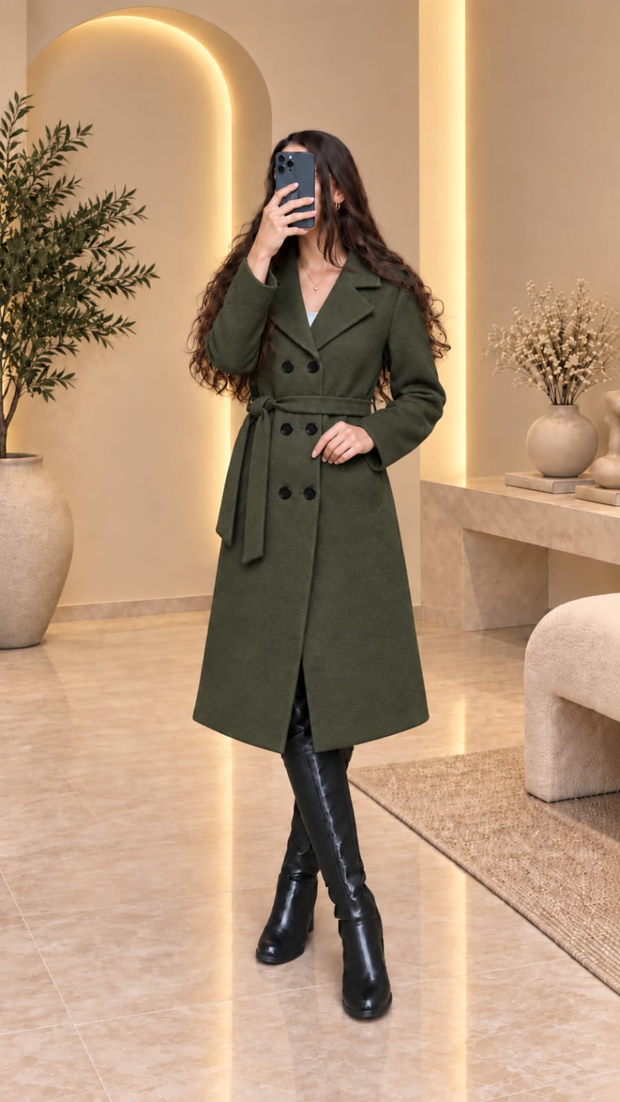 Manteau Long Élégant à Boutons avec Ceinture – مونطو نسائي طويل بالصدف والحزام