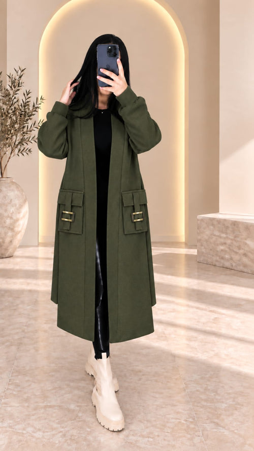 Manteau Long Élégant à Poches Bouclées – مونطو نسائي طويل بجيوب مزينة