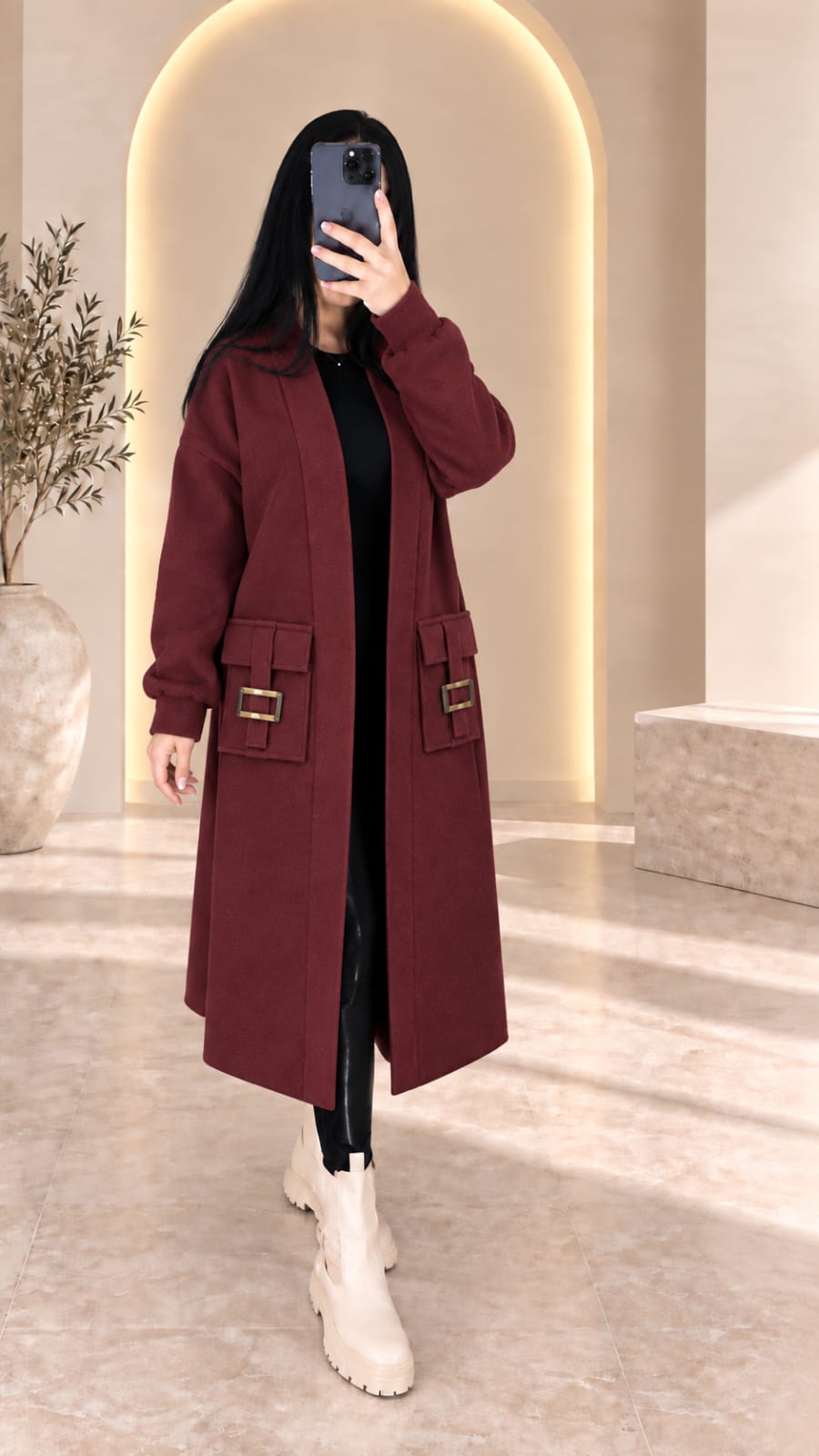 Manteau Long Élégant à Poches Bouclées – مونطو نسائي طويل بجيوب مزينة