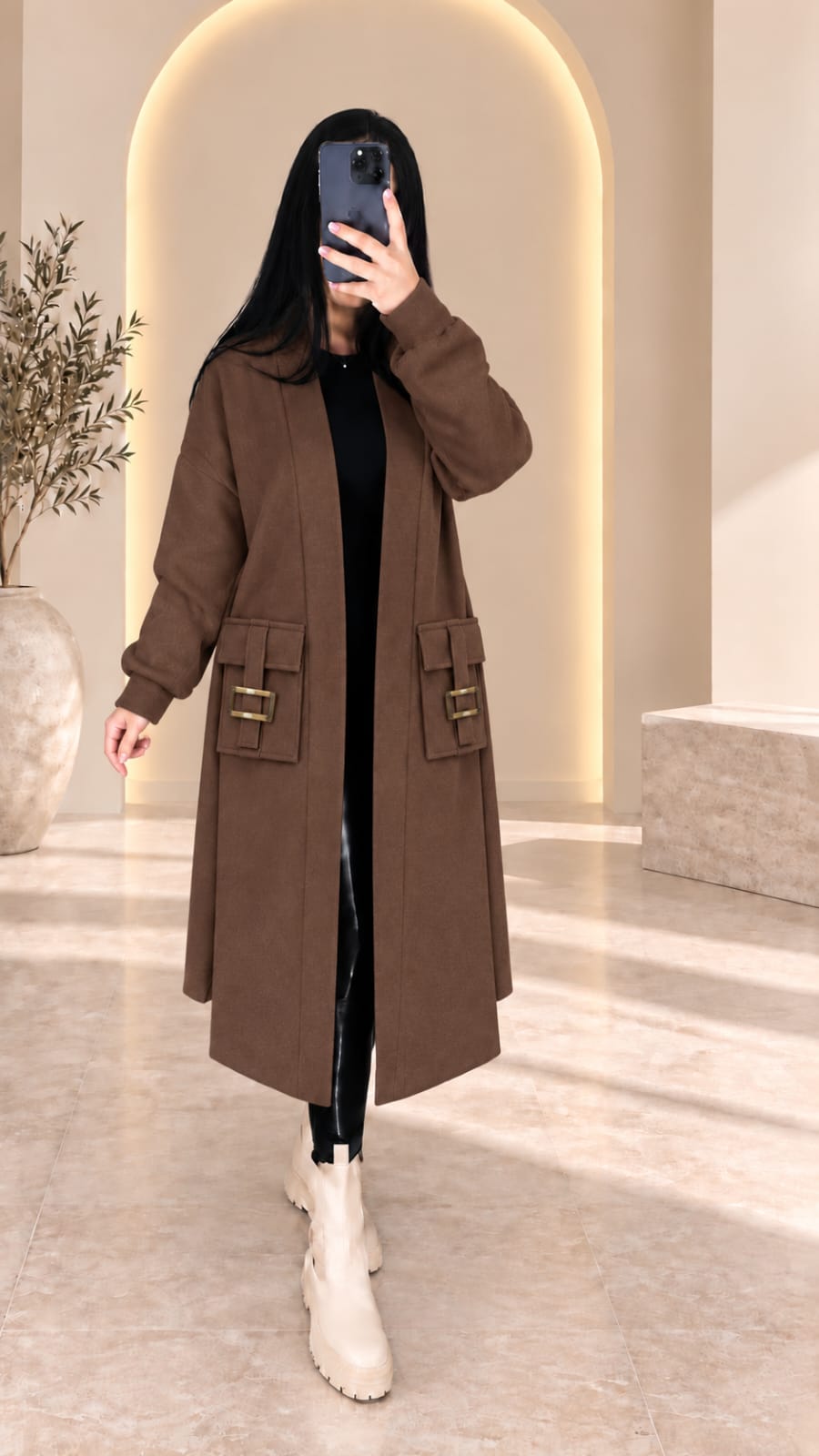Manteau Long Élégant à Poches Bouclées – مونطو نسائي طويل بجيوب مزينة