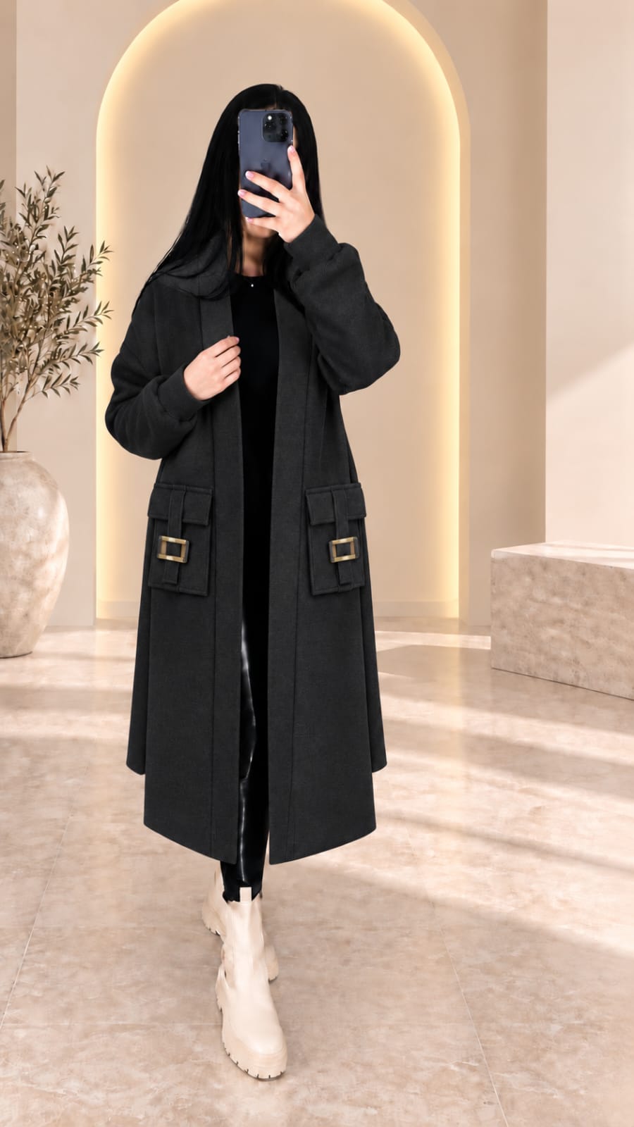 Manteau Long Élégant à Poches Bouclées – مونطو نسائي طويل بجيوب مزينة