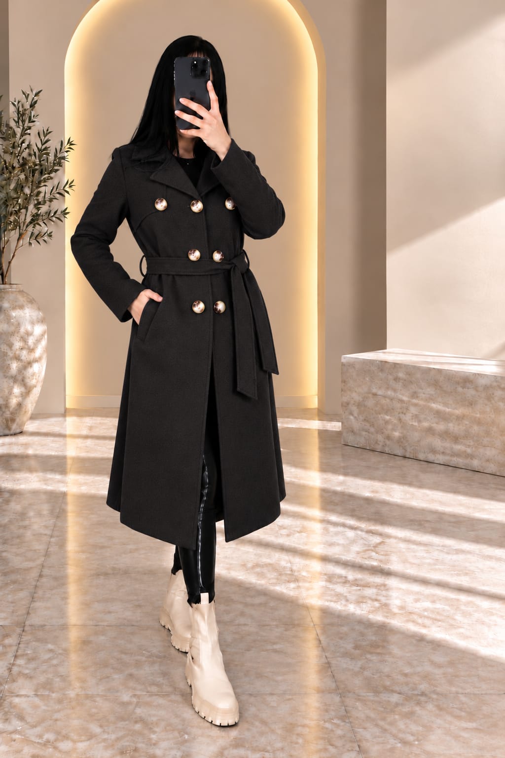 مانطو نسائي طويل بحزام | Manteau long femme avec ceinture