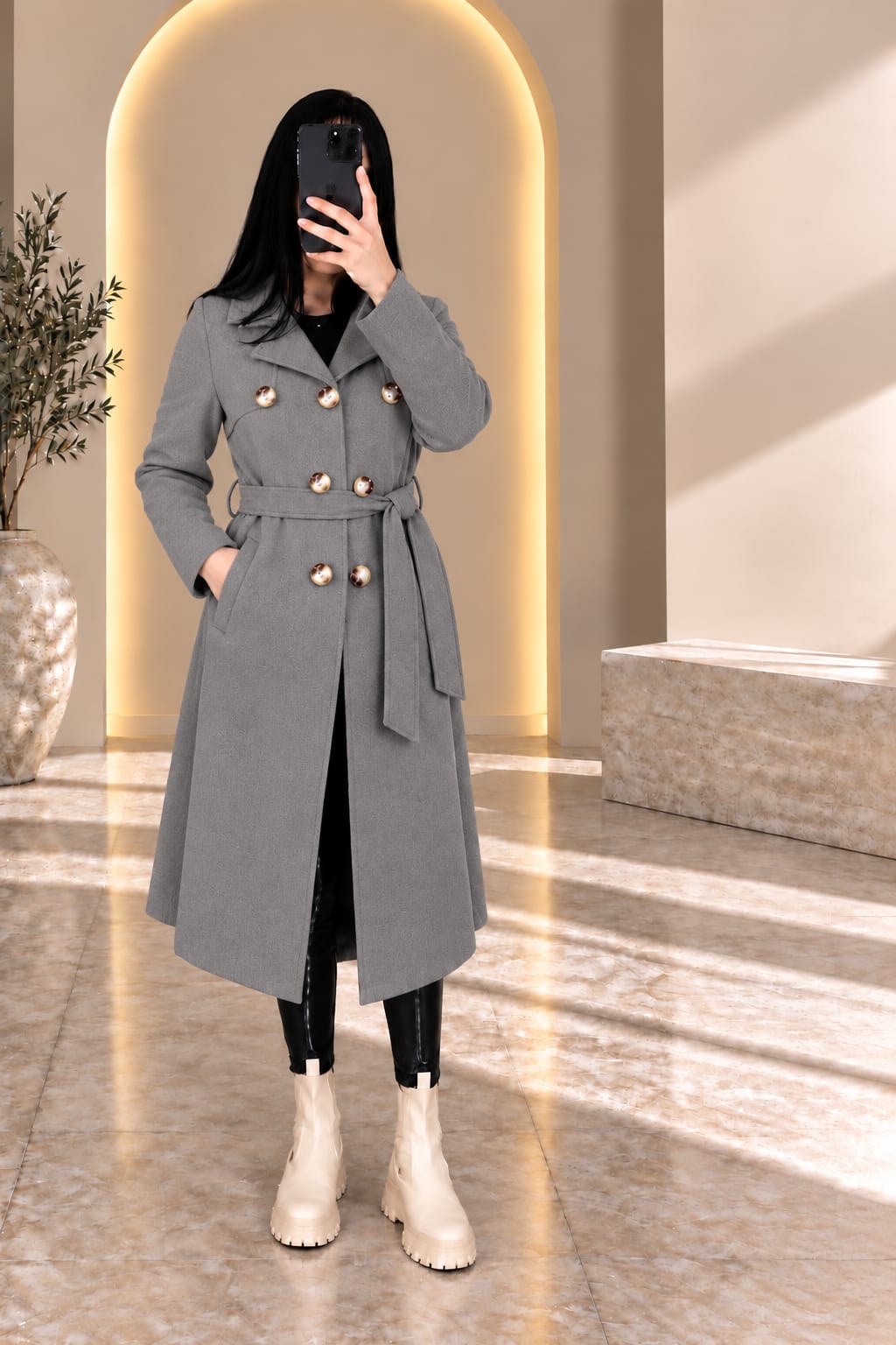 مانطو نسائي طويل بحزام | Manteau long femme avec ceinture